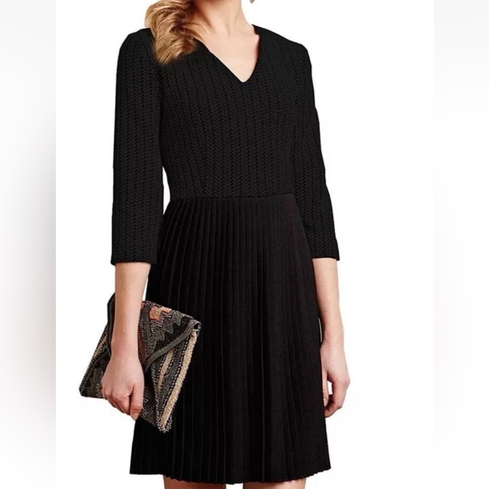 Ganni Anthropologie Womens Fulton Black Pleated Flare V-Neck‎ Dress Black Sz L
